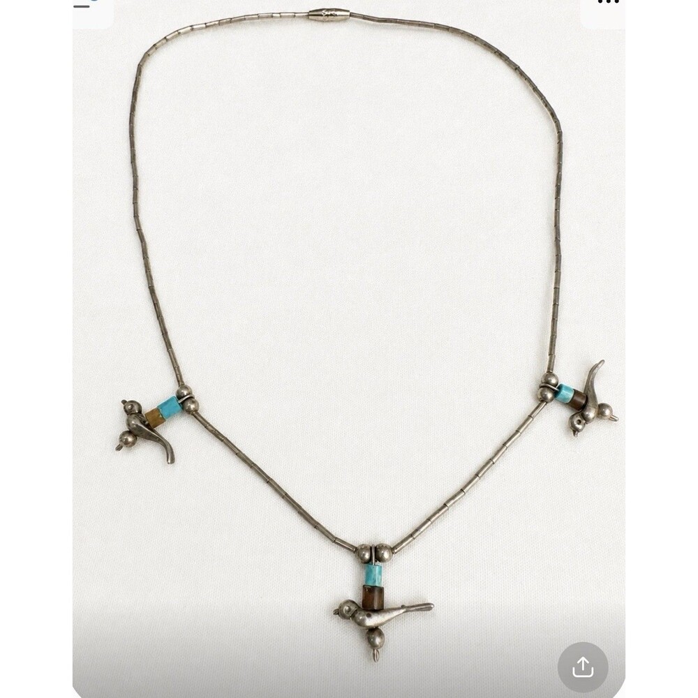 Vintage Roadrunner Liquid Silver Necklace Turquoise Sterling Southwest Navajo